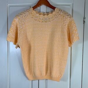 Haband Vintage Womens Orange Marled Pointelle Knit Short Sleeve Sweater Medium